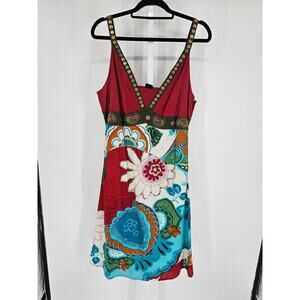 Vintage Y2K Amphora Womens Sz L Midi A Line Dress Boho Hippie Bold Print V Neck